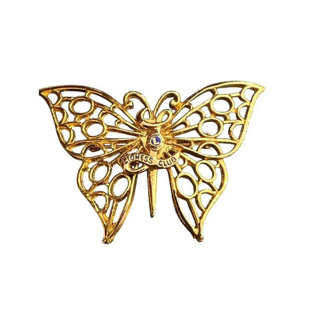 Vintage Gold Lioness Club Filigree Butterfly Brooch Pin Collectible Organization